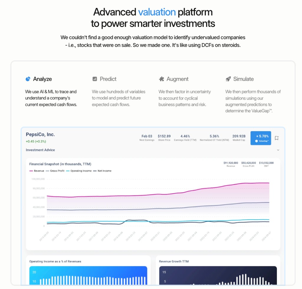 ValueGap.ai valuation platform — stochastic DCF dashboard with financial snapshot for PepsiCo