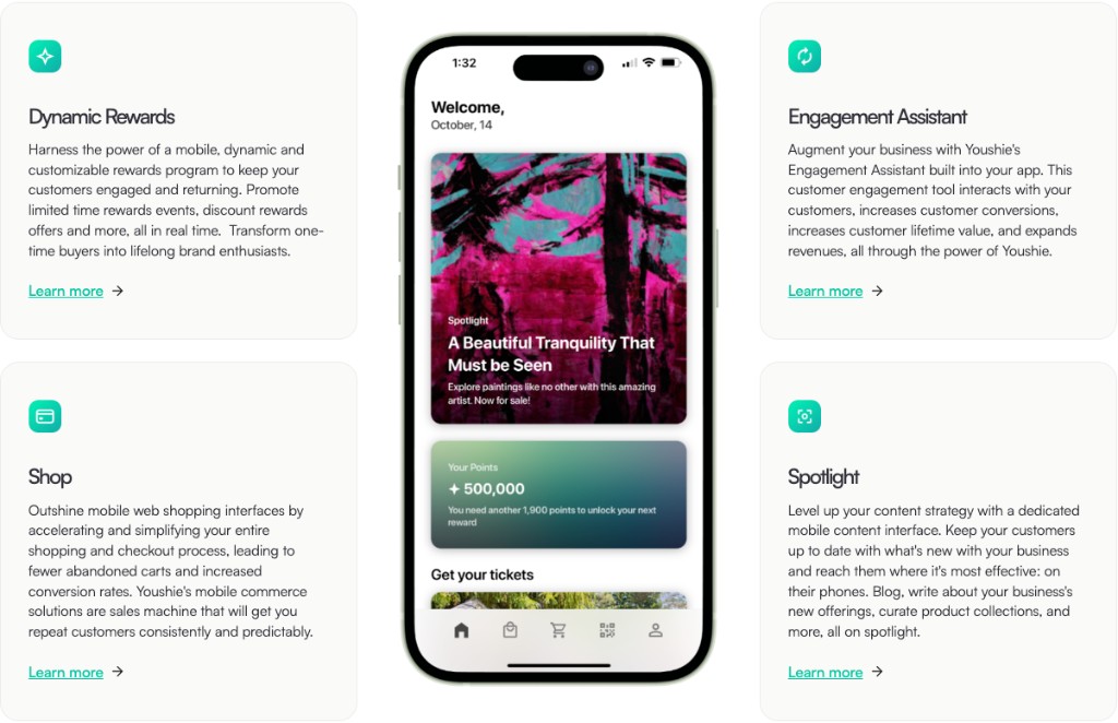 Youshie merchant mobile app — dynamic rewards, shop, engagement assistant, and spotlight content surfaces